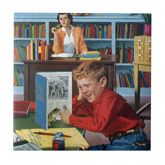 Kikker in de bibliotheek tegeltje (Voorkant)