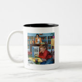 Kikker in de bibliotheek tweekleurige koffiemok (Links)