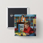 Kikker in de bibliotheek vierkante button 5,1 cm (Voorkant /achterkant)