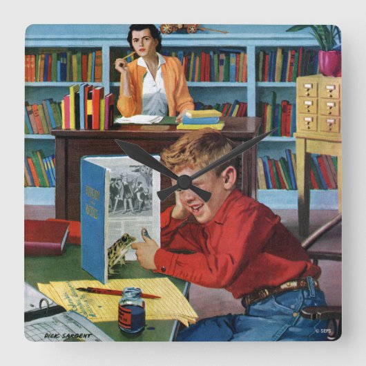 Kikker in de bibliotheek vierkante klok (Voorkant)