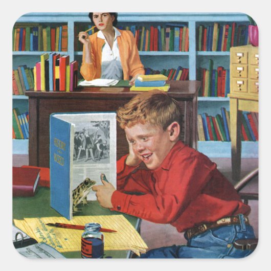 Kikker in de bibliotheek vierkante sticker (Voorkant)