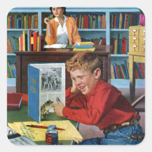 Kikker in de bibliotheek vierkante sticker