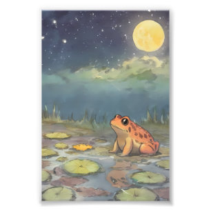 Kikker in een maanverlichte waterlelievijver foto afdruk