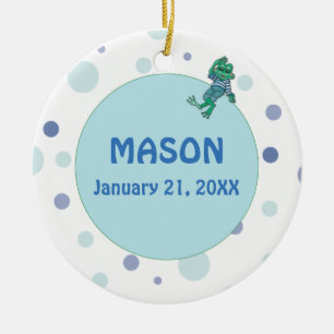 Kikker in Jeans, Birthday, Polka Dots, Custom Name Keramisch Ornament