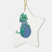 Kikker in Jeans, Birthday, Polka Dots, Custom Name Keramisch Ornament (Links)