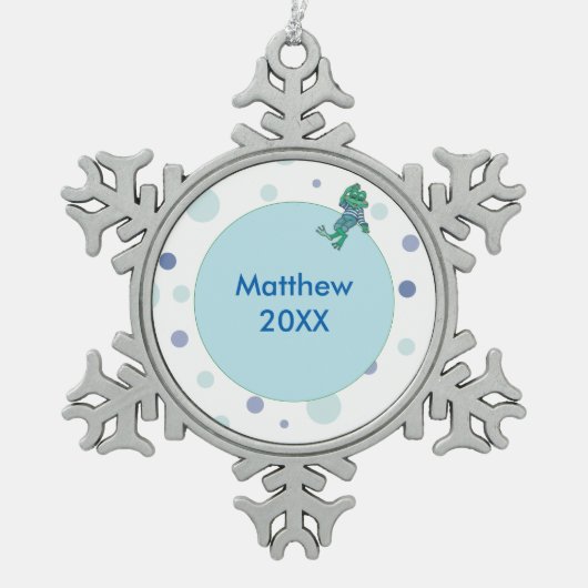 Kikker in Jeans, Birthday, Polka Dots Tin Sneeuwvlok Ornament (Voorkant)