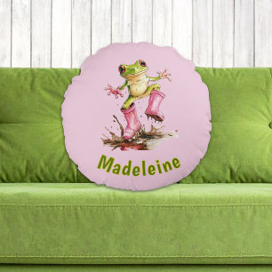 Kikker in Mooie Roze Laarzen in Plas Monogram Kind Rond Kussen