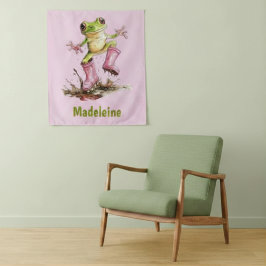Kikker in Mooie Roze Laarzen in Plas Monogram Kind Wandkleed