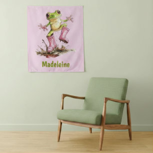 Kikker in Mooie Roze Laarzen in Plas Monogram Kind Wandkleed