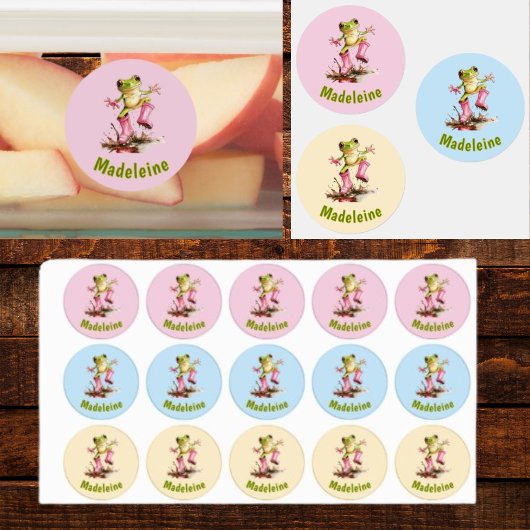 Kikker in roze regenlaarzen Monogram Pastel Kinder Labels