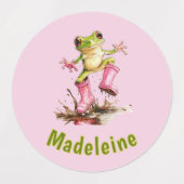 Kikker in roze regenlaarzen Monogram Pastel Kinder Labels (Design 1)