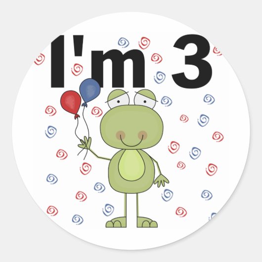 Kikker met ballonnen 3e verjaardag ronde sticker (Voorkant)