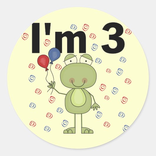 Kikker met ballonnen 3e verjaardag ronde sticker (Voorkant)