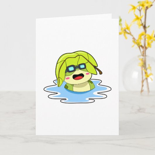 Kikker met blad tijdens het zwemmen kaart (Gele Bloem)