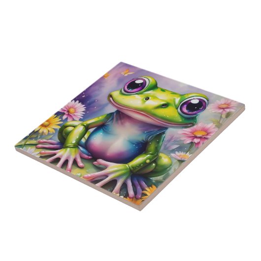 Kikker met bloem digitale kunst tegeltje (Zijkant)
