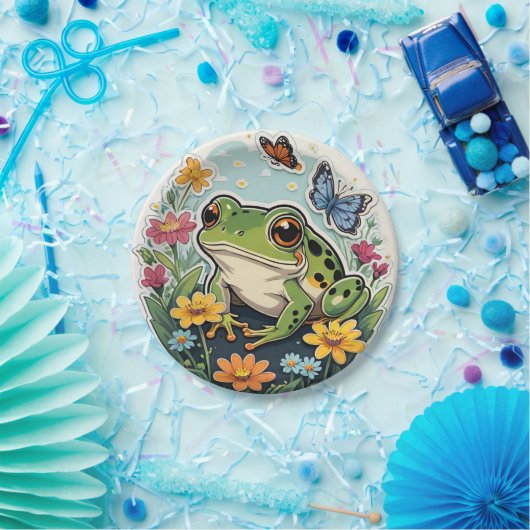 Kikker met bloemen en vlinders papieren bordje (Feest)