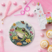 Kikker met bloemen en vlinders papieren bordje (Feest)