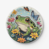 Kikker met bloemen en vlinders papieren bordje (Voorkant)