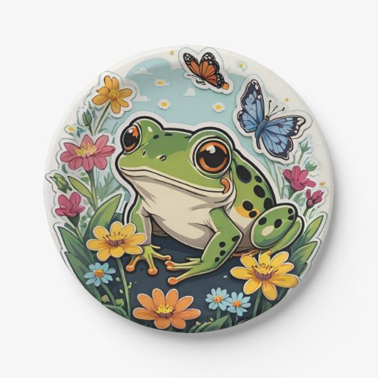Kikker met bloemen en vlinders papieren bordje (Voorkant)
