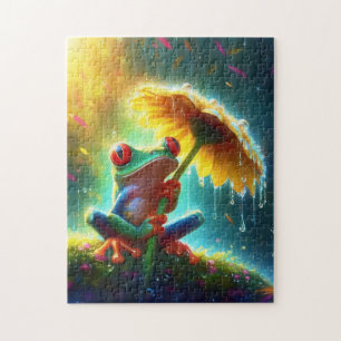 Kikker Met Gele Madeliefjesparaplu In De Regen Legpuzzel