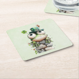 Kikker met groene hoed en klavertje vier schattig kartonnen onderzetters