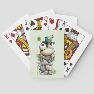 Kikker met groene hoed en klavertje vier schattig pokerkaarten