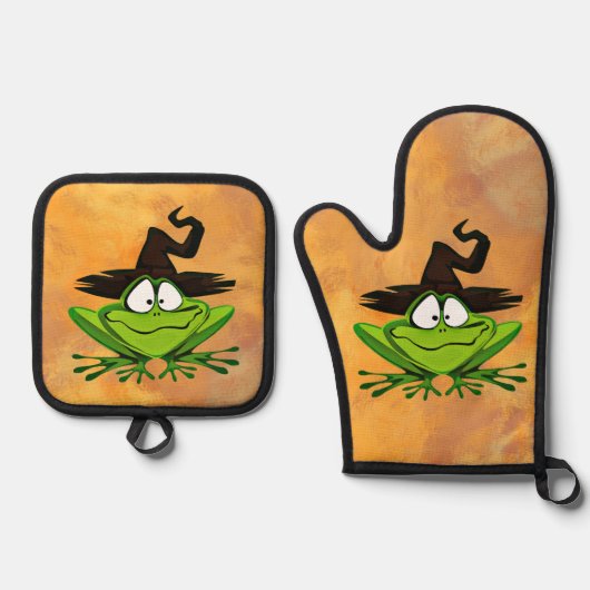 Kikker met heks Pet Halloween Ovenwant & Pannenlap Set (Voorkant)