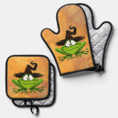 Kikker met heks Pet Halloween Ovenwant & Pannenlap Set (Voorkant / Achterkant)
