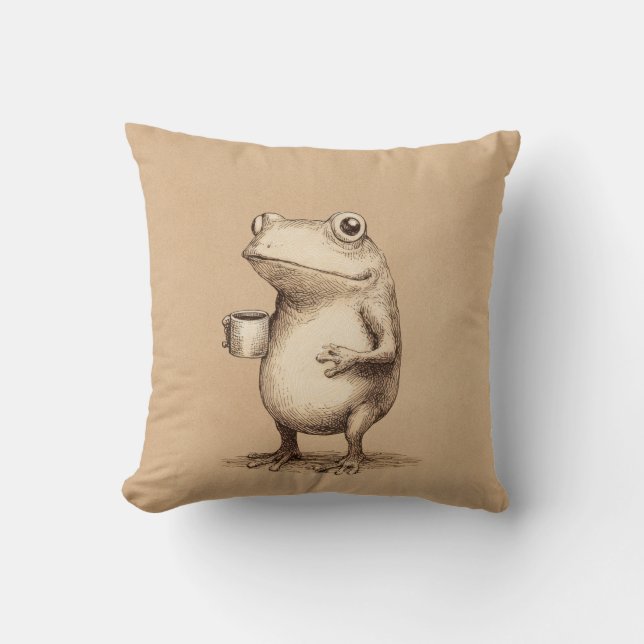 Kikker met koffie – Whimsical Vintage Dier Kussen (Voorkant)