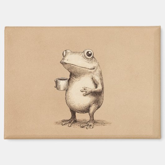 Kikker met koffie – Whimsical Vintage Dier Magneet (Voorkant)