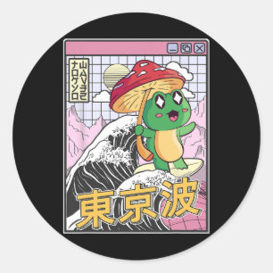 Kikker Met Paddenstoel Die Op Japanse Golf Surft K Ronde Sticker