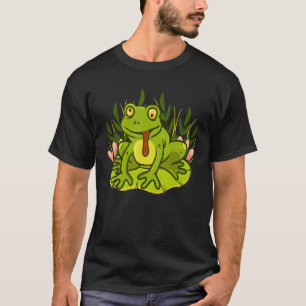 Kikker met uitgestoken tong gekke ogen op leliebla t-shirt