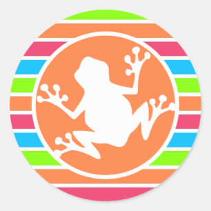 Kikker; Neon Oranje roze blauwe strepen Ronde Sticker