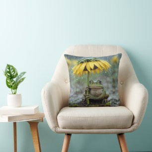 Kikker onder een zonnebloemparaplu in de regen kussen