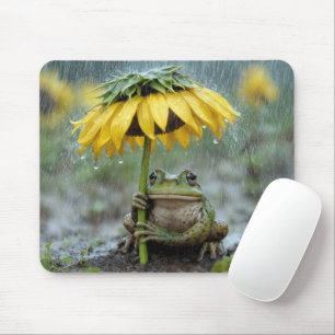 Kikker onder een zonnebloemparaplu in de regen muismat