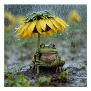 Kikker onder een zonnebloemparaplu in de regen perfect poster