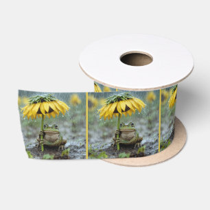 Kikker onder een zonnebloemparaplu in de regen satijnen lint