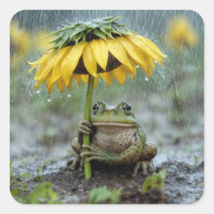 Kikker onder een zonnebloemparaplu in de regen vierkante sticker