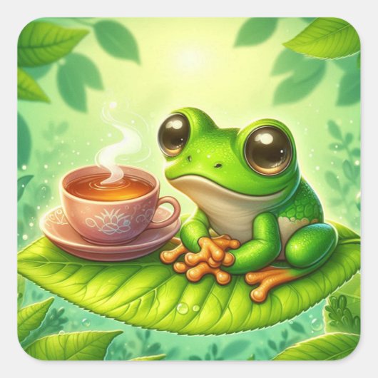 Kikker op blad met  vierkante sticker (Voorkant)