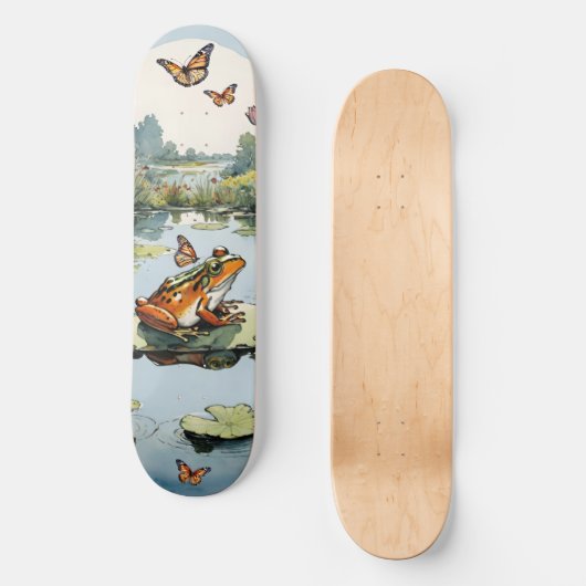 Kikker op een lelie pad met vlinders persoonlijk skateboard (Voorkant)