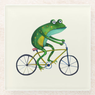 Kikker op fiets glazen onderzetter
