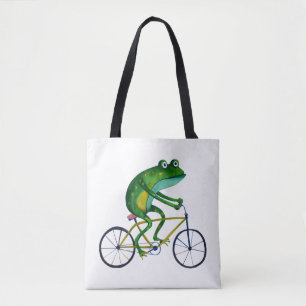 Kikker op fiets tote bag