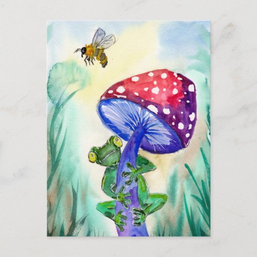 Kikker op paddenstoel wil bijen briefkaart (Voorkant)
