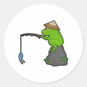 Kikker op Stone bij Gevist met Geviste staaf en vi Ronde Sticker