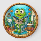 Kikker op Toilet Funny Wood Looking lijst Grote Klok (Voorkant)