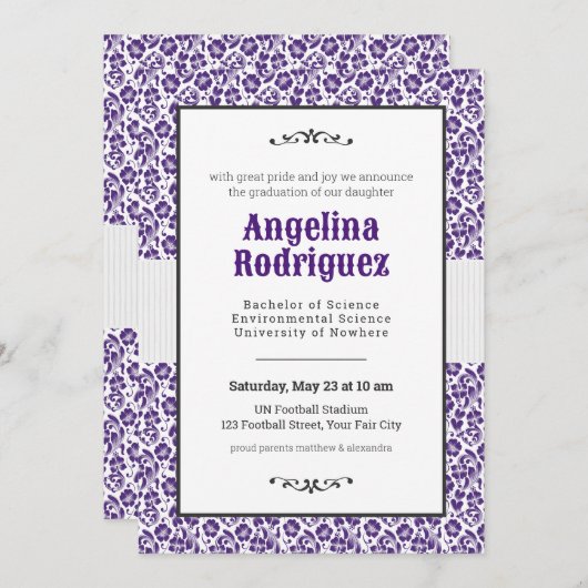 Kikker Paars Floral Damask Foto Afstuderen Kaart (Voorkant / Achterkant)