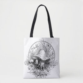 Kikker, paddenstoel en kikkervisgerei — zwart/wit tote bag