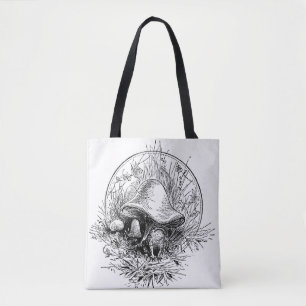 Kikker, paddenstoel en kikkervisgerei — zwart/wit tote bag
