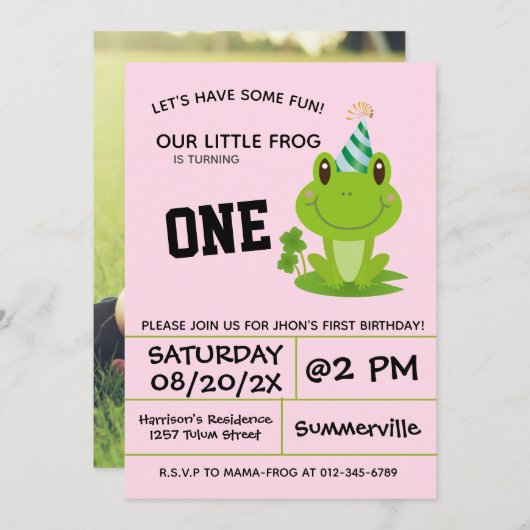 Kikker Partij 1ste verjaardag Roze Kaart (Voorkant / Achterkant)