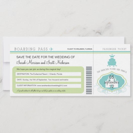 Kikker Prince Save the Date Boarding Pass (Voorkant)